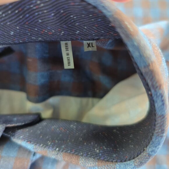 Bugatchi Classic Fit Mens Brown Blue Checkered Long Sleeve Button-Up Shirt sz XL - Picture 6 of 16